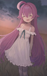 Rule 34 | 1girl, absurdres, ahoge, blue archive, blush, closed eyes, collarbone, dress, facing viewer, feet out of frame, hair between eyes, highres, hoshino (blue archive), long hair, looking at viewer, official alternate costume, open mouth, outdoors, pink hair, smile, solo, somray, white dress