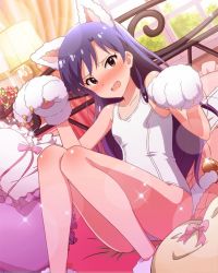 Rule 34 | animal ears, animal hands, bare legs, blue hair, blush, brown eyes, embarrassed, fang, gloves, idolmaster, idolmaster (classic), idolmaster million live!, kisaragi chihaya, knees up, legs, long hair, official art, on bed, one-piece swimsuit, open mouth, paw gloves, paw pose, pillow, school swimsuit, sparkle, sweatdrop, swimsuit, white one-piece swimsuit, white school swimsuit