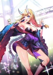 Rule 34 | 1girl, bare shoulders, black choker, blonde hair, blue eyes, blue gloves, blurry, blurry background, blush, bow, choker, collarbone, diffraction spikes, fingerless gloves, frilled sleeves, frills, gloves, holding, holding microphone, horns, japanese clothes, light particles, long hair, luvents3, microphone, music, open mouth, panties, paripi koumei, purple bow, shiny skin, singing, solo, sweat, teeth, tongue, tsukimi eiko, twintails, underwear, upper teeth only, white horns, white legwear, white panties, wide sleeves
