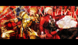 Rule 34 | 2boys, alcohol, archer (fate), armor, awa suna, blonde hair, chain, chalice, chest plate, couch, crop top, cup, dark-skinned male, dark skin, earrings, enkidu (weapon) (fate), fate/stay night, fate (series), field of blades, gauntlets, gilgamesh (fate), jewelry, letterboxed, male focus, multiple boys, planted, planted sword, planted weapon, red eyes, red upholstery, sword, weapon, white hair, wine