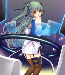 Rule 34 | 10s, 1girl, :d, bow, brown eyes, brown thighhighs, cardfight!! vanguard, character request, detached sleeves, garter straps, green hair, hair bobbles, hair bow, hair ornament, hair ribbon, hayabusa koi, long hair, looking at viewer, looking back, open mouth, operator girl mika, ribbon, smile, thighhighs, two side up