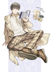 Rule 34 | 1boy, aran sweater, arm support, bolo tie, book, border, brown footwear, cable knit, closed mouth, coat, collared shirt, commentary, crossed ankles, cup, duffel coat, full body, grey hair, hair between eyes, highres, holding, holding book, honey, looking at viewer, male focus, milk tea, open book, open clothes, open coat, original, otani (gloria), outside border, pants, patterned background, personification, pillarboxed, plaid, plaid pants, purple background, shirt, shoe soles, shoes, short hair, sitting, sneakers, socks, sweater, tea, teabag, v-shaped eyebrows, white border, white sweater, yellow coat, yellow eyes, yellow pants, yellow shirt, yellow socks