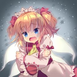 Rule 34 | 1girl, amo (shibu3), ascot, blonde hair, blue eyes, cold, crossed arms, dress, fairy wings, fang, grey background, hair ribbon, highres, long sleeves, medium hair, open mouth, red ribbon, ribbon, snowflakes, solo, star (symbol), star in eye, sunny milk, symbol in eye, touhou, turn pale, two side up, white dress, wide sleeves, wings, yellow ascot