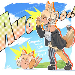 Rule 34 | 1girl, animal ears, asymmetrical legwear, bare shoulders, black jacket, blonde hair, commentary request, coyopotato, coyote (kemono friends), extra ears, gloves, highres, jacket, kemono friends, kemono friends v project, long sleeves, mcgunngu, microphone, multicolored hair, official alternate costume, open clothes, open jacket, shirt, short hair, spaghetti strap, striped clothes, striped thighhighs, tail, thighhighs, translation request, virtual youtuber, white hair, white shirt, white thighhighs, wolf ears, wolf tail, yellow gloves, yellow thighhighs, zettai ryouiki