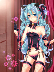Rule 34 | 1girl, animal ears, aqua eyes, aqua hair, arm ribbon, bad id, bad pixiv id, bare shoulders, bell, blue eyes, bow, bow panties, bowtie, breasts, bustier, cat ears, choker, cleavage, fishnet thighhighs, fishnets, frown, garter belt, garter straps, gloves, hatsune miku, highres, jingle bell, kemonomimi mode, lingerie, long hair, navel, panties, ribbon, side-tie panties, small breasts, solo, tail, tattoo, thighhighs, twintails, underwear, very long hair, vocaloid, yayoi (egoistic realism)
