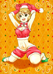 Rule 34 | 10s, 1girl, armpits, arms up, blonde hair, breasts, christmas, cleavage, cleavage cutout, clothing cutout, elbow gloves, eyelashes, gloves, green eyes, hands on headwear, hat, huang baoling, midriff, navel, santa costume, santa hat, short hair, shorts, slippers, solo, tiger &amp; bunny, yaucop