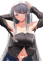 Rule 34 | 1girl, :o, alternate costume, arm behind head, azur lane, bare shoulders, black shirt, blush, breasts, denim, enterprise (azur lane), grey hair, hand in own hair, jeans, large breasts, long hair, long sleeves, looking at viewer, navel, open mouth, pants, purple eyes, schreibe shura, shirt, simple background, solo, sweat, sweatdrop, upper body, white background
