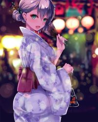 Rule 34 | 10s, 1girl, anastasia (idolmaster), ass, asymmetrical hair, blue eyes, blue kimono, blurry, blurry background, blush, breasts, commentary request, eyelashes, fish, floral print, goldfish, hair ornament, hairclip, hairpin, hand fan, hand up, highres, idolmaster, idolmaster cinderella girls, japanese clothes, kimono, looking at viewer, looking back, medium breasts, open mouth, paper fan, red sash, ryuu., sash, short hair, silver hair, smile, solo, uchiwa, wide sleeves