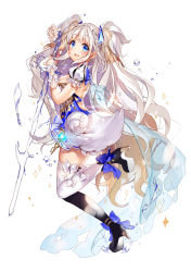 Rule 34 | 1girl, arm up, blue dress, blue eyes, blush, breasts, dress, dutch angle, fantasy, from side, hand up, highres, hoshii hisa, long hair, looking at viewer, magical girl, medium breasts, open mouth, original, short dress, sidelocks, silver hair, simple background, skirt, smile, solo, sparkle, tareme, teeth, thighs, two side up, v, very long hair, wavy hair, white background, white skirt