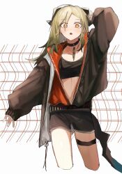 Rule 34 | 1girl, :o, arknights, black choker, black jacket, black shorts, black sports bra, blonde hair, choker, collarbone, commentary request, demon horns, gradient hair, highres, horns, ifrit (arknights), jacket, long hair, long sleeves, looking at viewer, midriff, multicolored hair, official alternate costume, open clothes, open jacket, open mouth, orange eyes, senjou no pentsu, shorts, simple background, sleeves past wrists, solo, sports bra, tail, white background
