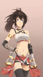 Rule 34 | 1girl, ade (emi-tan), aerlai, armlet, armor, bare shoulders, black hair, black thighhighs, blue eyes, borrowed character, breasts, choker, elbow gloves, faulds, fingerless gloves, gloves, hand on own hip, highleg, highleg panties, highres, lips, midriff, navel, original, panties, ponytail, shorts, shorts under skirt, simple background, solo, standing, stomach, thigh gap, thighhighs, underwear, vambraces