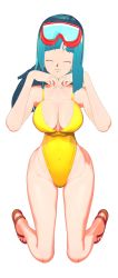 Rule 34 | 1girl, 3d, absurdres, artist request, blue hair, breasts, cleavage, cowboy shot, curvy, dragon ball, dragonball z, full body, highleg, highleg swimsuit, highres, kneeling, large breasts, long hair, looking at viewer, maron (dragon ball), matching hair/eyes, one-piece swimsuit, simple background, smile, solo, swimsuit, yellow one-piece swimsuit