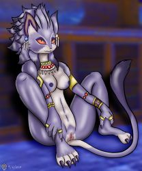 Rule 34 | 1girl, absurdres, alternate form, animal ears, armlet, bracelet, breasts, cat ears, cat girl, cat tail, claws, colored sclera, earrings, fangs, furry, gamemaniac7509, highres, isabella (seiken densetsu 3), jewelry, necklace, nipples, purple fur, purple hair, pussy, red sclera, seiken densetsu, seiken densetsu 3, slit pupils, tail