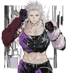 Rule 34 | 1girl, abs, breasts, collarbone, dorohedoro, gloves, grey hair, highres, jewelry, large breasts, lips, looking at viewer, midriff, muscular, muscular female, navel, necklace, noi (dorohedoro), park ongjol, piercing, red eyes, white hair
