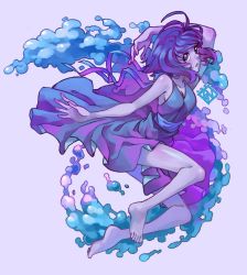Rule 34 | 1girl, arm up, bare shoulders, barefoot, blue dress, blue eyes, blue hair, breasts, cleavage, collarbone, colored skin, dated, dress, highres, lapis lazuli (steven universe), open mouth, poch4n, purple background, purple skin, shiny skin, short hair, simple background, solo, steven universe, water