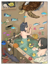 Rule 34 | 156m, 2girls, animal ears, animal request, bathing, bathroom, bathtub, beer can, black eyes, black hair, blush, can, cat ears, cat tail, closed eyes, commentary request, completely nude, coral, crab, crayon, drawing (action), drink can, fish, flower (symbol), flying fish, highres, holding, holding can, holding crayon, indoors, kneeling, knees up, moray eel, multiple girls, nude, octopus, open mouth, original, rubber duck, school of fish, sea turtle, shared bathing, shark, sitting, smile, starfish, tail, tail raised, tropical fish, turtle, writing on wall
