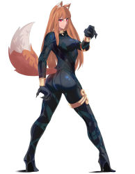 Rule 34 | 1girl, animal ears, ass, black panther (marvel), black panther (marvel) (cosplay), bodysuit, breasts, brown hair, claws, commentary, commission, cosplay, high heels, holo, long hair, marvel, medium breasts, nonanni, parted lips, red eyes, solo, spice and wolf, standing, tail, wolf ears, wolf tail