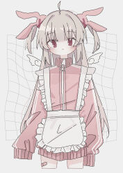 Rule 34 | 1girl, :&lt;, absurdres, ahoge, alternate costume, apron, bandaid, bandaid on leg, blush, closed mouth, cowboy shot, cropped legs, detached wings, fertilizerrrr, frilled apron, frills, grid background, hair ornament, highres, jacket, light brown hair, long hair, long sleeves, looking at viewer, maid, maid apron, mini wings, natori sana, pink jacket, rabbit hair ornament, red eyes, sana channel, sleeves past fingers, sleeves past wrists, solo, track jacket, turtleneck, turtleneck jacket, two side up, unconventional maid, very long hair, virtual youtuber, white apron, wing hair ornament, wings, zipper, zipper pull tab