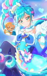 Rule 34 | 1girl, absurdres, apron, blue background, blue bow, blue eyes, blue hair, blush, bow, brooch, choker, closed mouth, cure spicy, delicious party precure, dog, dress, earrings, elbow gloves, fuwa kokone, gloves, green eyes, hair bow, hair ornament, heart, heart brooch, highres, huge bow, jewelry, long hair, looking at viewer, magical girl, multicolored hair, open mouth, pam-pam (precure), pantyhose, pink hair, precure, short sleeves, side ponytail, skirt, smile, solo, sugimura mickey, very long hair, white gloves