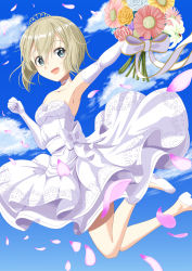 Rule 34 | 1girl, armpits, blonde hair, blue eyes, blush, bouquet, breasts, bride, dress, elbow gloves, erica hartmann, flower, gloves, highres, looking at viewer, short hair, sky, small breasts, smile, solo, strike witches, wedding dress, world witches series