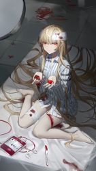 Rule 34 | 1girl, absurdly long hair, bandaged head, bandaged leg, bandages, barefoot, blonde hair, blood, blood bag, blood on hands, blood stain, bloody bandages, cuts, deep wound, hands up, highres, injury, knife, long hair, long sleeves, on table, open hands, original, red eyes, scissors, shirt, shui ran moon, sitting, solo, striped clothes, striped shirt, table, tile floor, tiles, very long hair, wariza