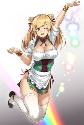 Rule 34 | &gt;;d, 1girl, ;d, apron, arm up, black footwear, blonde hair, bracelet, breasts, china dress, chinese clothes, cleavage, collarbone, commentary request, cone hair bun, double bun, dress, elf, full body, groin, hair bun, highres, houtengeki, jewelry, jumping, large breasts, long hair, looking at viewer, one eye closed, open mouth, original, pelvic curtain, pointy ears, puffy short sleeves, puffy sleeves, purple eyes, rainbow, shoes, short dress, short sleeves, sidelocks, smile, solo, thighhighs, v-shaped eyebrows, waist apron, white thighhighs