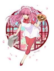 Rule 34 | 1girl, alternate hair color, apron, artist name, cherry blossoms, chinese clothes, double bun, food, food delivery box, full body, hair bobbles, hair ornament, looking at viewer, motobi (mtb umk), open mouth, petals, pink eyes, pink hair, ranma 1/2, round window, shampoo, shampoo (ranma 1/2), slippers, solo, teeth, twitter username, window