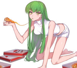 Rule 34 | 1girl, all fours, armpits, bare shoulders, barefoot, breasts, c.c., code geass, eating, feet, food, green hair, highres, holding, holding food, holding pizza, long hair, looking at viewer, pizza, pizza box, pizza hut, pizza slice, poro uma, shorts, small breasts, solo, thighs, very long hair, white shorts, yellow eyes