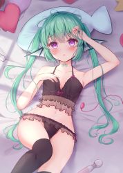 Rule 34 | 1girl, black panties, black thighhighs, blush, breasts, commentary, egg vibrator, finana ryugu, fins, fish girl, green hair, head fins, heart, heart-shaped pupils, highres, hitachi magic wand, long hair, looking at viewer, navel, nijisanji, nijisanji en, on bed, panties, parted lips, pillow, purple eyes, sex toy, small breasts, solo, symbol-only commentary, symbol-shaped pupils, thighhighs, twintails, underwear, ustn (usatan), vibrator, virtual youtuber