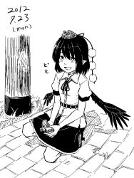 Rule 34 | 1girl, dated, greyscale, kawashina (momen silicon), looking at viewer, monochrome, open mouth, shameimaru aya, short hair, smile, solo, touhou, wings
