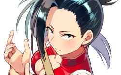 Rule 34 | 1girl, asada hachi, black hair, blue eyes, boku no hero academia, breasts, center opening, cleavage, closed mouth, commentary request, expressionless, forehead, hair pulled back, leotard, long hair, looking at viewer, ponytail, simple background, solo, upper body, white background, yaoyorozu momo