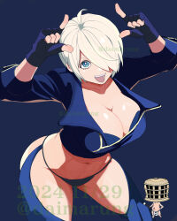 1girl absurdres angel_(kof) black_gloves blurry blurry_background breasts cleavage daimaru_(s29y2c) fingerless_gloves gloves highres large_breasts midriff navel short_hair smile solo the_king_of_fighters thighs white_hair