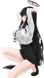 Rule 34 | 1girl, arms up, black hair, black skirt, blue archive, blush, bra visible through clothes, breasts, breath, from side, fte (fifteen 199), full body, halo, highres, lanyard, large breasts, long hair, looking at viewer, looking to the side, office lady, parted lips, pencil skirt, red eyes, rio (blue archive), shirt, shirt tucked in, sideways glance, simple background, skirt, solo, squatting, tablet pc, thighs, very long hair, white background, white shirt