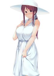 Rule 34 | 1girl, anti (0324), blush, breasts, brown eyes, brown hair, choker, cleavage, closed mouth, collared dress, commentary request, dress, hair ribbon, hand on own chest, hat, highres, idolmaster, idolmaster cinderella girls, large breasts, looking at viewer, mifune miyu, ponytail, ribbon, sidelocks, simple background, sleeveless, sleeveless dress, solo, standing, sun hat, sundress, white background, white choker, white dress, white hat, white ribbon