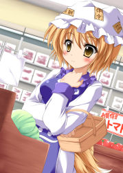 Rule 34 | 1girl, basket, blush, exe (artist), female focus, food, fox tail, groceries, hat, lettuce, shop, solo, tail, tomato, touhou, vegetable, xe (execut3r), yakumo ran