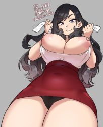 Rule 34 | 1girl, agawa ryou, artist name, black hair, black panties, breast lift, breasts, breasts out, commentary, curvy, dated, english commentary, from below, grey background, huge breasts, large areolae, large breasts, long hair, looking at viewer, looking down, nipples, original, panties, pantyshot, purple eyes, red skirt, shirt, skirt, smile, solo, thick thighs, thighs, underwear, white shirt