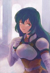 Rule 34 | 1girl, armor, breastplate, elbow gloves, erinys (fire emblem), fire emblem, fire emblem: genealogy of the holy war, gloves, green eyes, green hair, looking at viewer, nintendo, pauldrons, portrait, shoulder armor, smile, solo