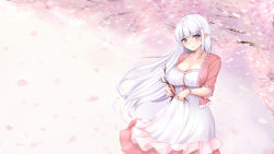 Rule 34 | 1girl, blunt bangs, blush, branch, breasts, cherry blossoms, cleavage, closed mouth, closers, collarbone, cowboy shot, dress, hair ornament, hairclip, highres, large breasts, levia (closers), long hair, looking at viewer, pointy ears, purple eyes, shaojiang, sidelocks, smile, solo, very long hair, white dress, white hair
