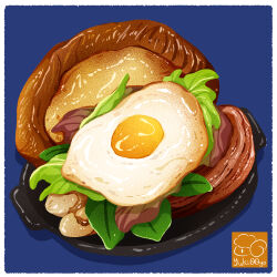 Rule 34 | artist logo, bread, egg (food), food, food focus, fried egg, highres, lettuce, meat, no humans, original, tray, yuki00yo