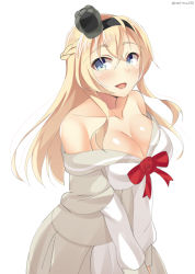 Rule 34 | 10s, 1girl, bad id, bad pixiv id, bare shoulders, blonde hair, blue eyes, blush, braid, breasts, cleavage, crown, dress, french braid, hairband, kankitsunabe (citrus), kantai collection, large breasts, long hair, looking at viewer, mini crown, off-shoulder dress, off shoulder, open mouth, smile, solo, standing, warspite (kancolle)