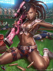 Rule 34 | 5girls, ai arctic warfare, baseball cap, baseball stadium, baseball uniform, between fingers, blood, blue eyes, blue nails, bolt action, breast tattoo, breasts, brown hair, bullet, cheerleader, cleavage, copyright request, cornrows, dark-skinned female, dark skin, dated, death, dong-wook shin, dreadlocks, earrings, eyebrow piercing, eyelashes, front-tie top, grin, gun, hat, heart, heart tattoo, highres, holding, jewelry, lips, lipstick, long hair, makeup, medium breasts, midriff, multiple girls, nail polish, navel, nose, piercing, plaid, realistic, rifle, scope, shell casing, shoes, short shorts, shorts, sitting, smile, sneakers, sniper rifle, socks, solo focus, sportswear, stage lights, striped, tattoo, thigh strap, thighs, vertical stripes, very dark skin, wariza, weapon