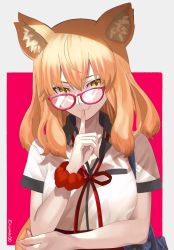 Rule 34 | 10s, 1girl, animal ears, aora, bad id, bad twitter id, bag, bespectacled, blouse, fang, fate/extra, fate/extra ccc, fate/extra ccc fox tail, fate/grand order, fate (series), finger to mouth, fox ears, fox tail, glasses, highres, long hair, school bag, scrunchie, shirt, signature, smile, solo, suzuka gozen (fate), tail, white shirt, wrist scrunchie