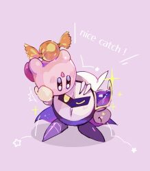 Rule 34 | ^^^, akakiao tea, blue cape, blue eyes, blue skin, blush, candy, cape, clenched hand, colored skin, commentary request, english text, food, gloves, holding, holding candy, holding food, kirby, kirby (series), lifting person, lying, meta knight, nintendo, no humans, on back, one eye closed, open mouth, oversized food, oversized object, pink skin, pointy footwear, purple background, purple footwear, red footwear, sabaton, shadow, shoes, shoulder pads, smile, solid oval eyes, sparkle, star (symbol), upside-down, white gloves, white mask, white veil, yellow eyes