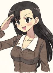 Rule 34 | 10s, 1girl, :d, asymmetrical bangs, brown eyes, brown hair, brown jacket, commentary, cropped torso, girls und panzer, jacket, long hair, long sleeves, looking to the side, meis (terameisu), military, military uniform, nishi kinuyo, open mouth, salute, shirt, simple background, smile, solo, standing, uniform, upper body, v-shaped eyebrows, white background, white shirt