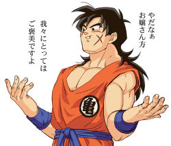 Rule 34 | 1boy, bad id, bad pixiv id, black eyes, black hair, clothes writing, dragon ball, dragonball z, male focus, muscular, origami (red), scar, solo, translation request, white background, wristband, yamcha