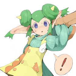Rule 34 | !, 1girl, apron, blue eyes, green hair, green sweater, highres, holding another&#039;s wrist, horns, lidelle (puyopuyo), long sleeves, looking at viewer, open mouth, pointy ears, puyopuyo, ribbed sweater, scared, sidelocks, simple background, sleeves past fingers, sleeves past wrists, solo focus, speech bubble, spoken exclamation mark, sweatdrop, sweater, white background, wing ornament, yellow apron, yellow horns, youjo modoki