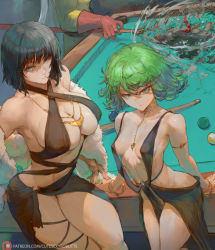 Rule 34 | 1boy, 2girls, aqua eyes, artist name, ball, bare shoulders, bikini, billiard ball, billiards, billiards table, black hair, breasts, cleavage, collarbone, covered erect nipples, cue stick, cutesexyrobutts, dress, fubuki (one-punch man), green hair, halterneck, highres, jewelry, large breasts, looking at viewer, multiple girls, navel, necklace, one-punch man, perky breasts, saitama (one-punch man), short hair, siblings, sisters, small breasts, swimsuit, tagme, tatsumaki, telekinesis, thighs, wide hips