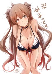 Rule 34 | 1girl, bikini, black bikini, black choker, blush, breasts, brown eyes, choker, cleavage, collarbone, dated, hair ornament, hairclip, hands on own knees, hazuki futahi, heterochromia, highres, kantai collection, large breasts, light brown hair, long hair, looking at viewer, murasame (kancolle), murasame kai ni (kancolle), red eyes, simple background, solo, swimsuit, translation request, two side up, very long hair, white background