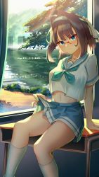Rule 34 | 1girl, absurdres, alternate costume, blouse, blue eyes, blue hair, blue sailor collar, blue skirt, blunt bangs, blush, breasts, clothes lift, dated commentary, desk, foliage, gate, glasses, hair intakes, hair ribbon, highres, hololive, hololive english, jl tan, kneehighs, large breasts, lens flare, lifting own clothes, looking at viewer, midriff, navel, on desk, ouro kronii, ribbon, sailor collar, school desk, school uniform, serafuku, shirt, short hair, short sleeves, sitting, on desk, skirt, skirt lift, socks, solo, tree, virtual youtuber, water, white shirt, white socks, window