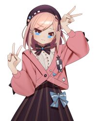 Rule 34 | 1girl, :3, absurdres, black hat, blue eyes, blush, bow, bowtie, cardigan, double v, hair ornament, hairclip, hat, highres, looking at viewer, nijisanji, pink cardigan, pink hair, saaal653, simple background, skirt, solo, star (symbol), striped clothes, striped skirt, suzuhara lulu, suzuhara lulu (1st costume), v, vertical-striped clothes, vertical-striped skirt, virtual youtuber, white background
